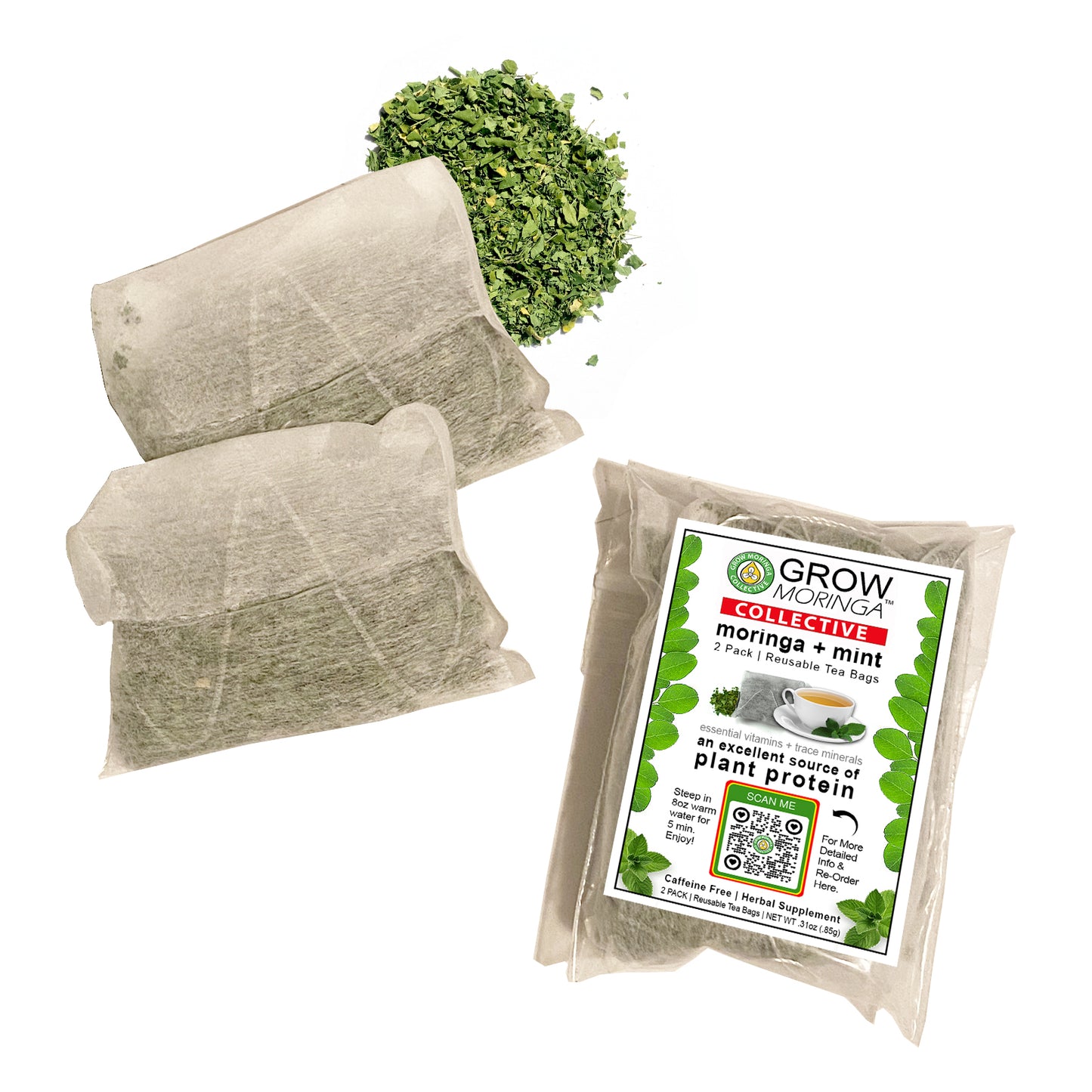 Moringa + Mint Tea Box USA | Dried Loose Leaf | 8 Reusable Tea Bags