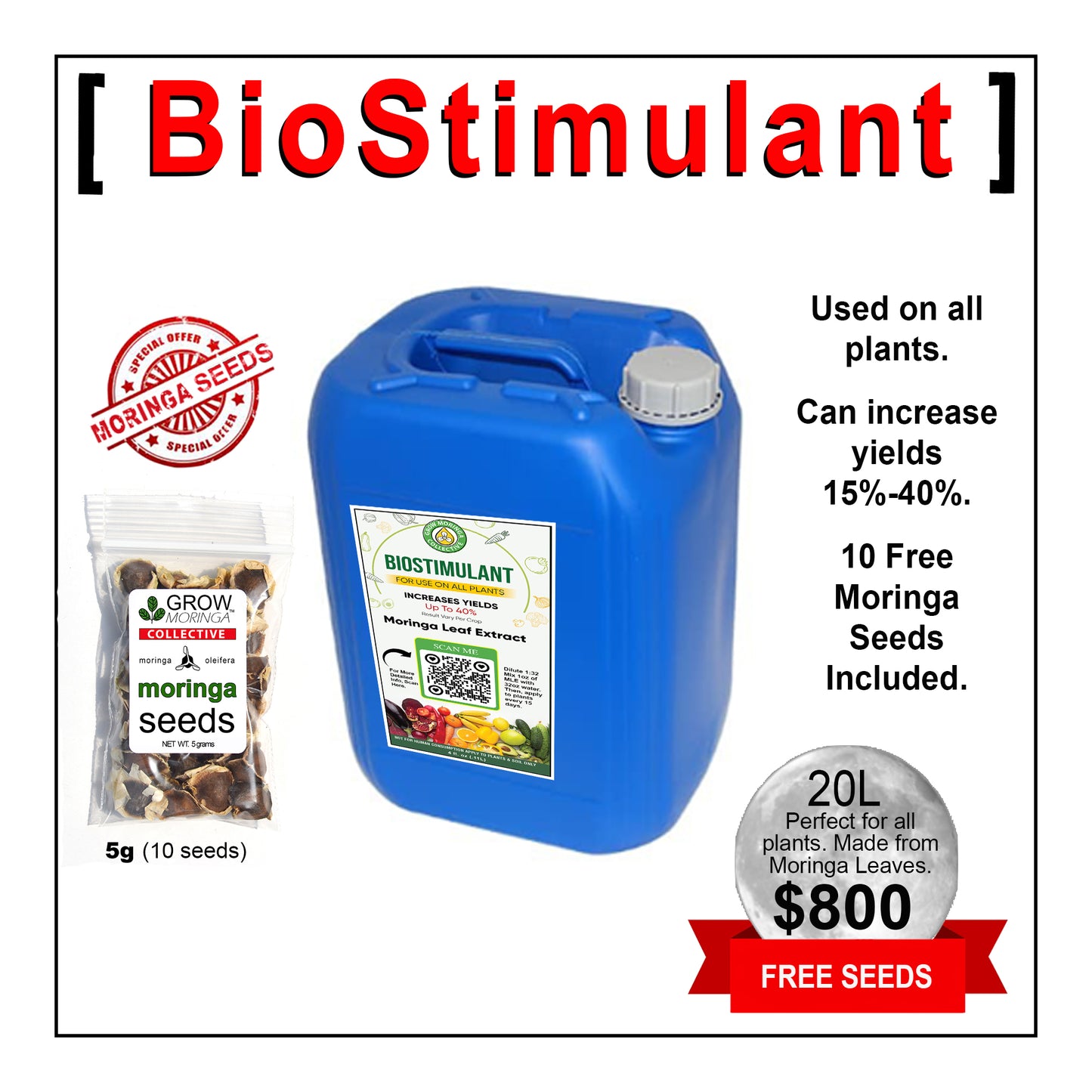20L bottle of Biostimulant with 5g Bag of Moringa Seeds