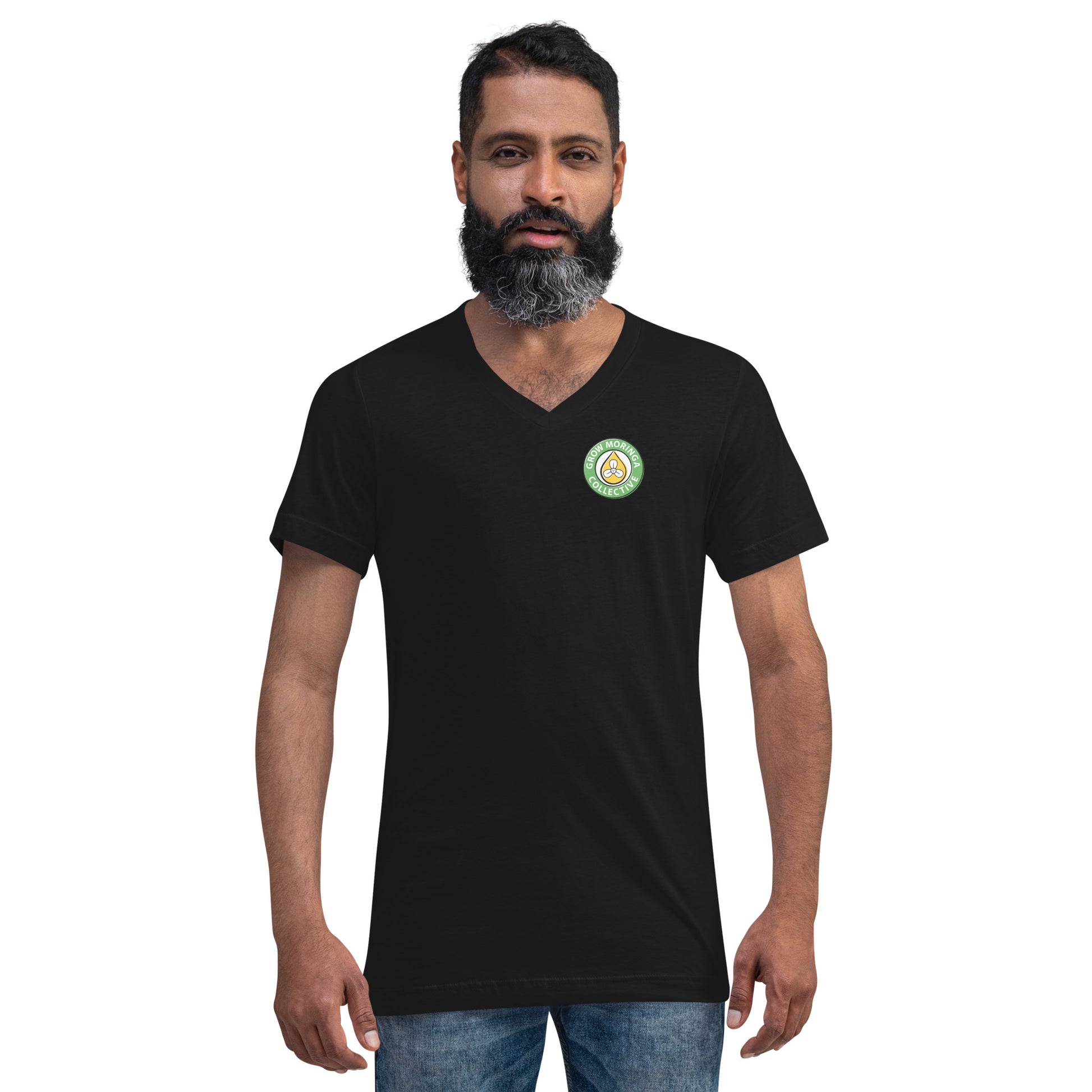 Man in Black V Neck Shirt with Grow Moringa Logo on Left Chest