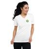 Woman in White V Neck Shirt with Grow Moringa Logo on Left Chest