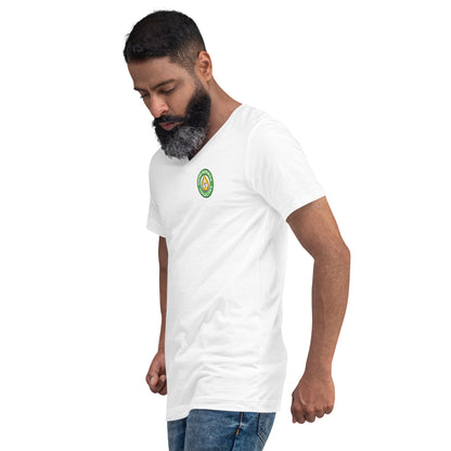 Man in White V Neck Shirt with Grow Moringa Logo on Front Chest